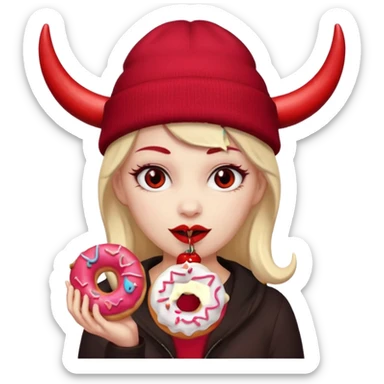 female devil wearing beanies holding donut sticker