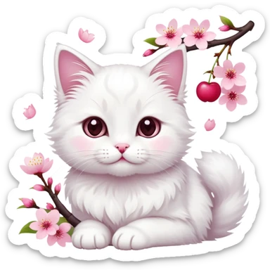 A cute  little  white cat and cherry blossom sticker
