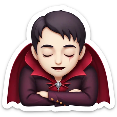 Meme-Worthy Cute Sleeping Vampire Portrait Emoji, with a refined, small, pale face softened by closed, serene eyes and a slight, peaceful smile, adorned in miniature elegant dark attire with a hint of fading crimson, simplified yet irresistibly adorable, highly detailed with a soft ethereal outline that captures the drowsy charm of a vampire in quiet nighttime slumber! sticker