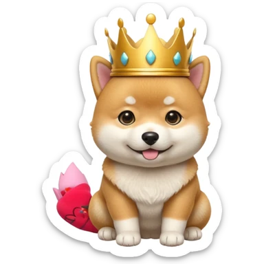 8month old Shiba Inu puppy emoji, wearing small golden crown, cute royal expression, round body, soft fluffy fur, glossy eyes, bright pastel background, kawaii mascot style, centered composition, high quality render sticker