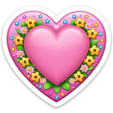 Colorful emoji-style icon of a large pink heart surrounded by sparkles, stars, and small flowers, representing overflowing love and joy. Bright and happy Apple-style emoji, glossy finish, white background. sticker