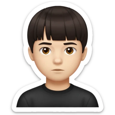 A boy no long hair À emoji that don’t smile Dark brown thick hair, short blunt fringe with straight bangs, a lot more compact textured top, evenly cut front, short tapered sides (not shaved), clean modern haircut, realistic emoji style, neutral expression. sticker