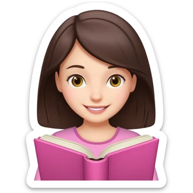 brunette reading a pink book with a smile sticker