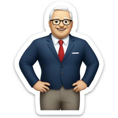 A fat man, white hair, with glasses, no beard, smiling with teeth, and wearing a navy blue suit and red tie sticker