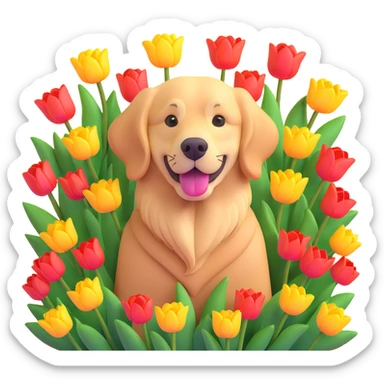 golden retriever surrounded by tulips sticker