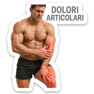 25-year-old bodybuilder with joint pain due to low collagen, hyper realistic style, sculpted muscles, pained expression, joints highlighted in red, Italian text 'Dolori Articolari', clinical atmosphere, white background sticker