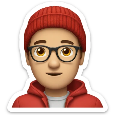 a hipster with short brown hair, glasses, a beanie, with a red jacket on sticker