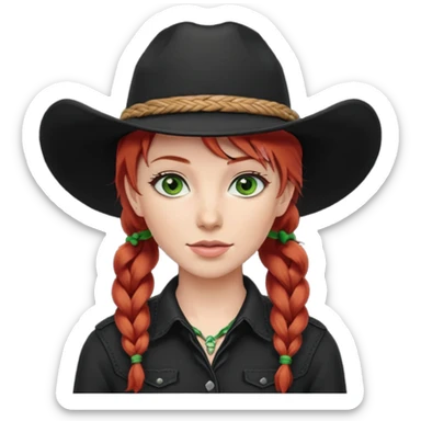 cowgirl with red hair green eyes black hat one braid in hair over right shoulder sticker