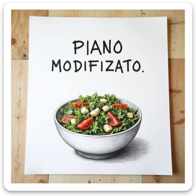 white sheet of paper with the text 'PIANO MODIFICATO' and a hyperrealistic 4K drawing of a bowl of salad, no background sticker