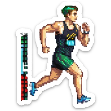 Pixelated athlete running with oxygen level indicator above head, fitness measurement sticker