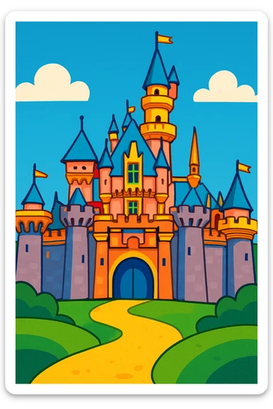 Disneyland castle, vibrant toon style, bold colors, playful, cartoonish sticker