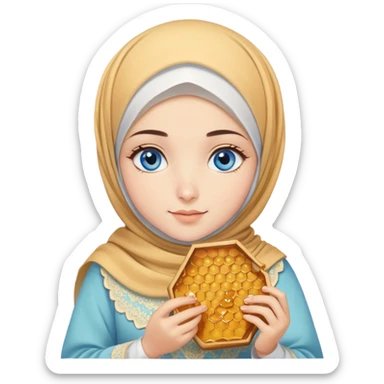 Turkish beautiful finish Konya girl blue eyes with honeycomb pastel hijab islamic dress and had on her hand honey sticker