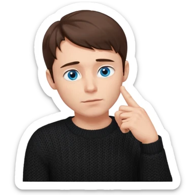 man in black knitted sweater in thinking pose, blue eyes brown hair, index finger touching his chin, eyes looking up to the top right sticker