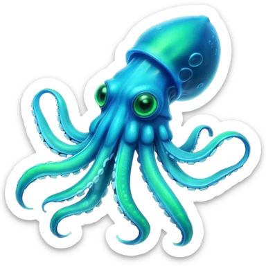 3D render of Deep Sea Squid, bioluminescent deep sea style, glowing neon blue and green lights, dark background to contrast the glow, translucent organic textures, more emision. sticker
