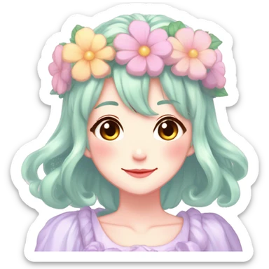 Gorgeous Shiny Colorful Pastel Anime Style Mature Lady with blushing face and pretty hair with a flower crown pastelcore kawaii cottagecore fairycore aesthetic trending style sticker