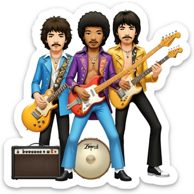 Rock music icon: powerful stage with electric guitars, drums, and amplifiers. Collage of rock icons—Jimi Hendrix, Led Zeppelin, Nirvana, and The Rolling Stones—symbolizing the energy and rebellion of rock. Transparent background. sticker