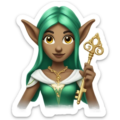 an elf woman login holding a big key sticker