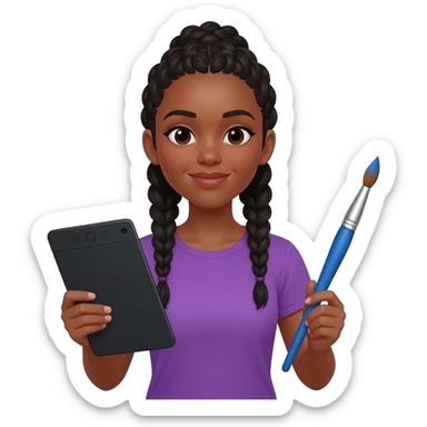 Emoji représentant une femme à la peau marron avec de longues braids noires et portant une belle chemise violette, tenant une tablette graphique dans une main et un pinceau dans l’autre sticker