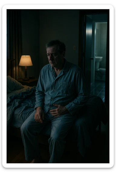 A nighttime scene inside a dimly lit bedroom. A man in his 50s sits stanco sul bordo del letto, con lo sguardo perso nel vuoto, mentre una luce fioca proviene dalla lampada sul comodino. Indossa un pigiama spiegazzato, e si tiene leggermente la zona bassa dell’addome. Dietro di lui, il letto è visibilmente disfatto, segno di sonno interrotto. Una porta socchiusa sullo sfondo mostra la luce accesa in bagno, con il pavimento riflettente che indica i numerosi passaggi notturni. Il tono è cupo ma realistico, con colori freddi, blu e grigi, e un leggero bagliore lunare che filtra dalla finestra. Stile: 35mm film, profondità emotiva, dettaglio ambientale. in italiano sticker