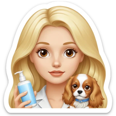 Very pretty blonde bombshell girl with long hair wearing skin care, lotion, on her face and holding a Blenheim cavalier sticker