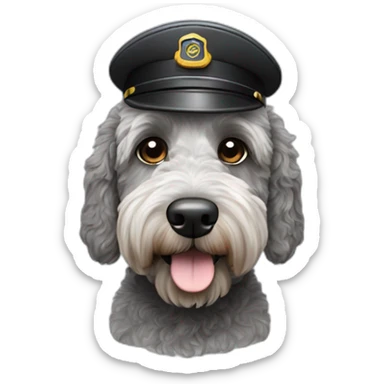 grey and black labradoodle dog with pilot cap on sticker