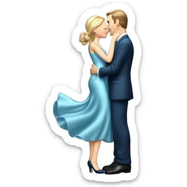 caucasian woman, in long slim pastel blue formal party satin dress with gradient shiny sparkling navy blue diamonds embroidered, full body full figure , and caucasian man in black dres on his knees asks her to marry her sticker