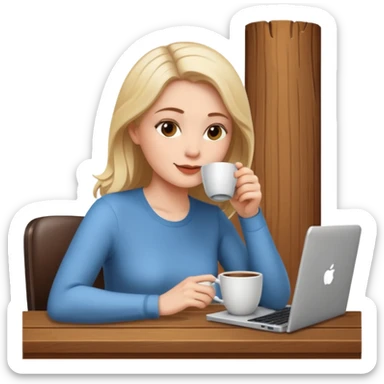 mujer blanca tomando un solo cafe y con un computador sentada en una mesa  sticker