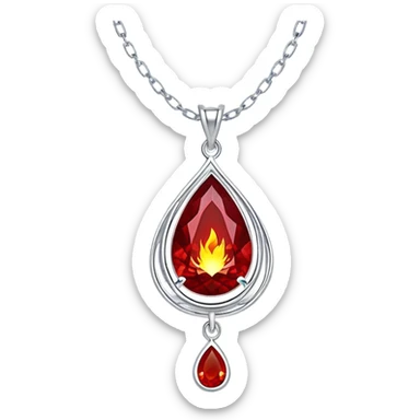 phoenix teardrop ruby pendant, deep red core with yellow ember edges, floating silver chain, pulsing rebirth glow sticker