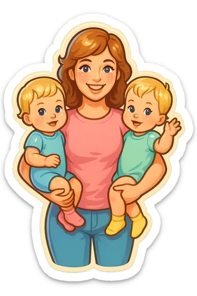 one-year-old twin girls with short light blonde hair sitting on mom's arms, all in pastel cute clothing, retro stickers style, soft shadows and highlights, several new variations sticker
