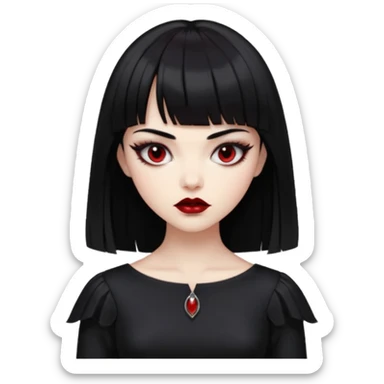 “Emoji girl, porcelain skin, sharp eyeliner, vampy deep red lips, straight jet-black hair with bangs, intense eyes, wearing black silk dress.” sticker