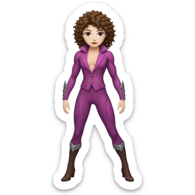 full body woman short curly brown mullet brown eyes white skin muscular build thorn berry rogue suit sticker