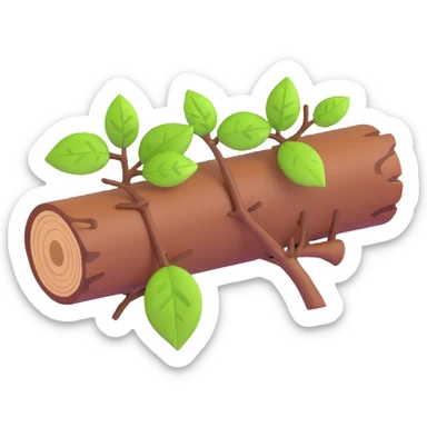 3D emoji style log with a small branch and green leaves sticker