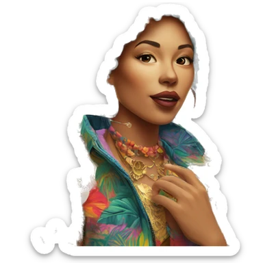 Person vaping wearing a colourful vibrant tropical patchwork of intricate vintage patterns, vape sticker