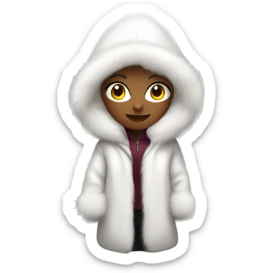 Woman wearing huge white fur coat with hood sticker