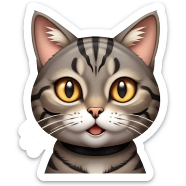 Cinematic Comical Grey and Black Brown Tabby Cat Portrait Emoji, Head tilted dramatically with an exaggeratedly shocked or offended expression, sleek grey-brown fur with bold black tabby stripes, wide amber eyes filled with exaggerated disbelief, Simplified yet hilariously expressive features, highly detailed, glowing with a slightly sassy glow, high shine, dramatic yet playful, stylized with an air of attitude, bright and endearing, soft glowing outline, capturing the essence of a sassy and over-the-top feline, so meme-worthy it feels like it could side-eye its way into internet fame instantly! sticker