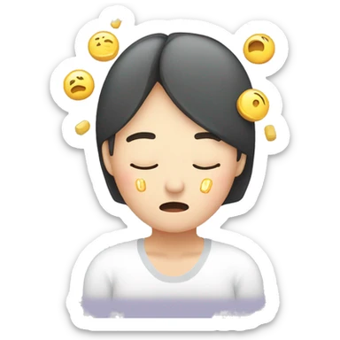 Headache, middle-aged Korean woman in her 40s, with one hand on her head, painful face + a medication in front of her to treat the headache sticker