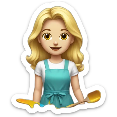 blonde girl with paints and a paint-stained apron sticker
