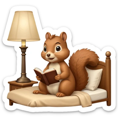 squirrel reading in bed with retro light lamp next to it sticker