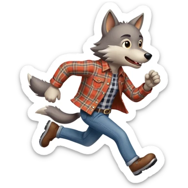 friendly anthropomorphised wolf in a plaid shirt and jeans running sticker