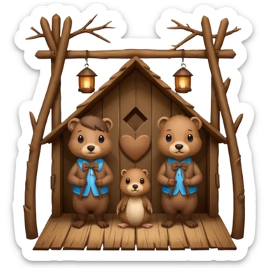  beaver man and female beaver with a bow in a wooden lodge made of sticks sticker