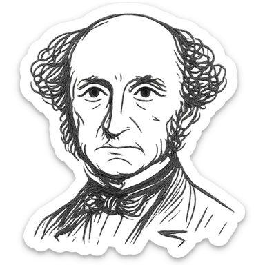 a hand drawn black outline portrait of philosopher John Stuart Mill with similar-sized eyes based a famous portrait of him, with fluffy hair sticker