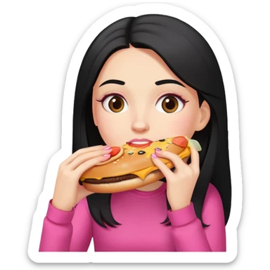 White girl in pink clothes and long black hair eating burger and pizza sticker