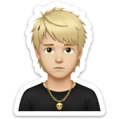 make a iphone emoji who is a white man that looks young with messy blonde medium hair with bangs, and a black punk shirt and a golden neckless sticker