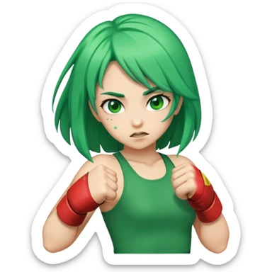 A girl with green hair punching sticker