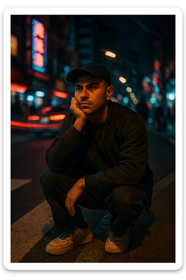 A cinematic night photo of a Southeast Asian man in his early 30s, with a medium tan (sawo matang) skin tone, sitting on the edge of a city sidewalk at night. He is wearing casual streetwear: a dark bomber jacket over a plain oversized T-shirt, loose-fit cargo pants, and worn-in sneakers. A black baseball cap is worn forward, slightly tilted. He sits with one knee up, resting one arm casually across it while the other hand props up his head — his chin resting on his knuckles, as he stares blankly toward the street ahead, deep in thought or zoning out.
The urban background is chaotic and colorful — glowing neon signs, streaks of red and blue light from passing cars, blurred silhouettes of pedestrians. A spiral or radial motion blur effect surrounds the background, emphasizing the stillness of the subject amidst the fast-moving city life.
Cinematic lighting highlights his face softly, with a warm glow on his skin while the surroundings remain moody and dark. The scene has a raw, introspective feel — like a frame from a neo-noir urban film. The ground beneath him is gritty and textured, the crosswalk lines and asphalt adding realism to the scene. sticker