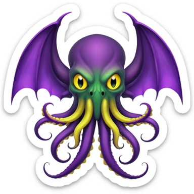 deep green Cthulhu with purple bat wings and purple gradient tentacles. Yellow angry eyes. yellow suckers on tentacles. dramatic ominous shading. two saber-teeth sticker