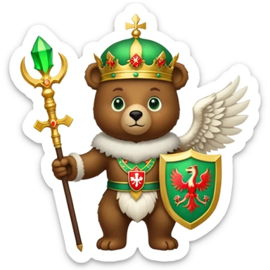 Endearing brown bear with bright green eyes, white fur hat with detailed Russian emblem: golden double-headed eagle with crowns, scepter, orb, and red shield with St. George slaying dragon, iOS emoji style sticker