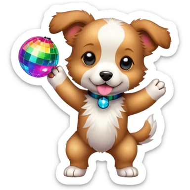 puppy dancing under a disco ball with colorful lights sticker