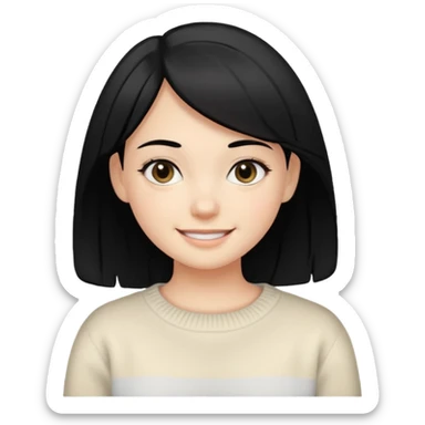 smiling girl with black hair, black eyes, cream colored sweater sticker