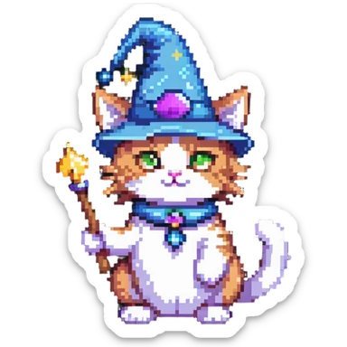 wizard cat with a pointy hat and magic wand sticker
